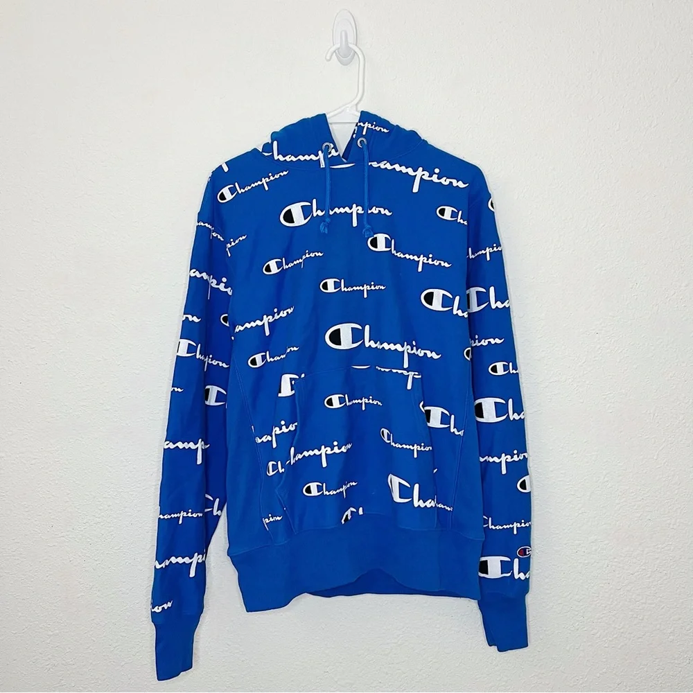 (Sold) Champion All Over Logo Hoodie Blue White Sweatshirt Jumper Long Sleeve - Picture 3 of 8